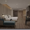 Hotel Guest Room Modern Interior With Twin Beds Wooden Flooring Window And Wall Mounted TV