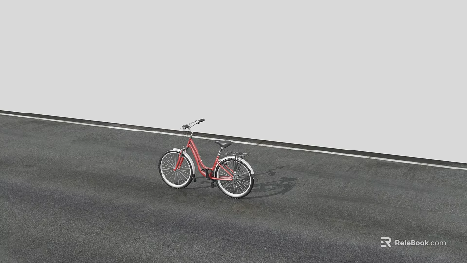 Red Bicycle Parked On Gray Road With White Line And Black Handlebar 3d model 