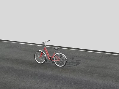 Red Bicycle Parked On Gray Road With White Line And Black Handlebar 3d model