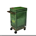 Green Worn Metal Cart With Wheels Top Lid And Warning Fire Hazard Sign