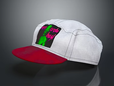 White Casual Cap With Red Brim Colorful Front Graphic And Stitched Details For Everyday Use 3d model