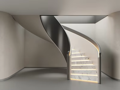 Modern Spiral Staircase With Marble Steps Metal Railing And Illuminated Design 3d model