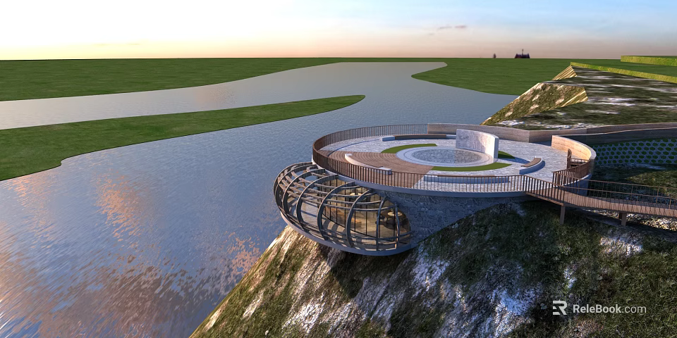 Cliffside Roadside Scenic Overlook Facility With Glass Structure And Circular Platform 3d model 