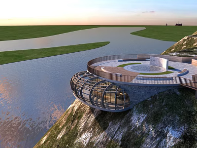 Cliffside Roadside Scenic Overlook Facility With Glass Structure And Circular Platform 3d model