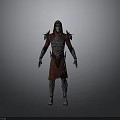 Man in Red Hooded Robe with Ornate Shoulder Armor and Detailed Fantasy Outfit