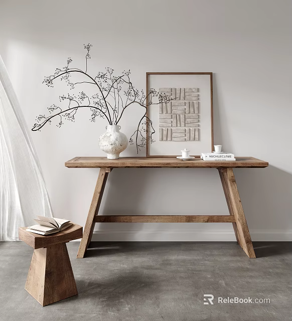 Modern Wooden Console Table With White Vase Branches Framed Art And Books On Gray Floor 3d model 