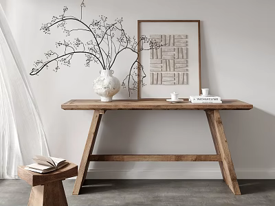Modern Wooden Console Table With White Vase Branches Framed Art And Books On Gray Floor 3d model