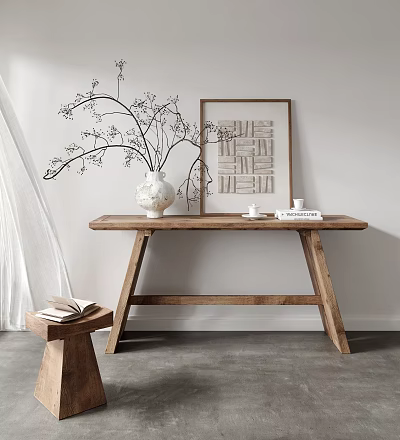 Modern Wooden Console Table With White Vase Branches Framed Art And Books On Gray Floor 3d model
