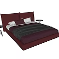 Red Upholstered Double Bed With Purple White Pillows And Gray Blanket 3d model