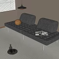 Gray Two Seater Sofa With Striped Cushions Brown Pillow And Magazine