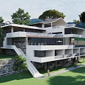 Contemporary Guesthouse Building With Expansive Glass Windows Balconies Staircase And Greenery