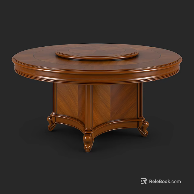 Traditional Wooden Round Dining Table With Central Turntable And Carved Leg Base 3d model 