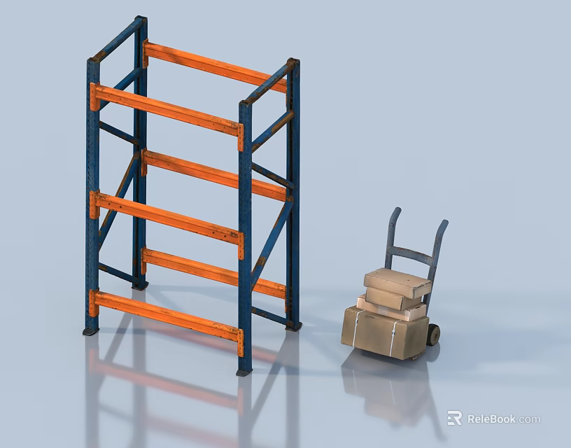 Industrial Storage Shelves With Blue Frame Orange Layers And Hand Truck With Boxes 3d model 
