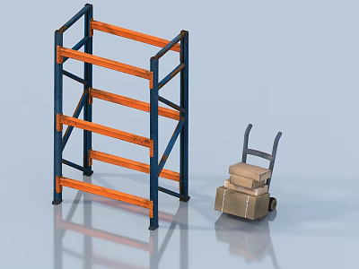 Industrial Storage Shelves With Blue Frame Orange Layers And Hand Truck With Boxes 3d model