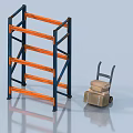 Industrial Storage Shelves With Blue Frame Orange Layers And Hand Truck With Boxes