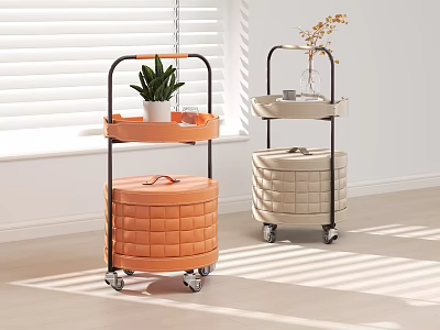 Mobile Side Carts with Wheels Orange and Beige Basket Design Tray Top for Home Interior 3d model