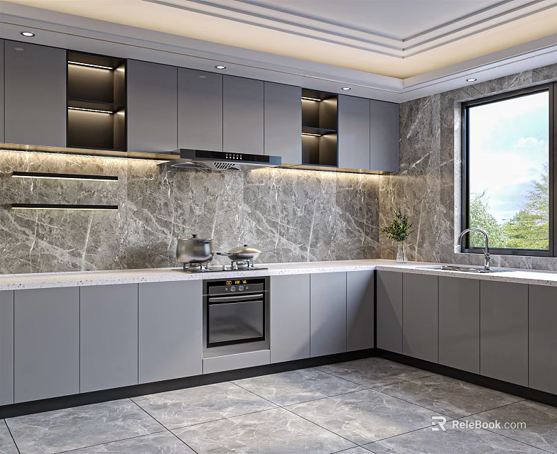 Modern Kitchen Interior Design with Grey Cabinets Marble Backsplash Countertop And Window 3d model 
