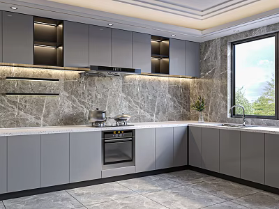 Modern Kitchen Interior Design with Grey Cabinets Marble Backsplash Countertop And Window 3d model