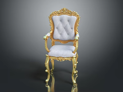 Elegant Accent Chair With Golden Carved Frame Gray Tufted Backrest Upholstered Seat And Ornate Armrests 3d model