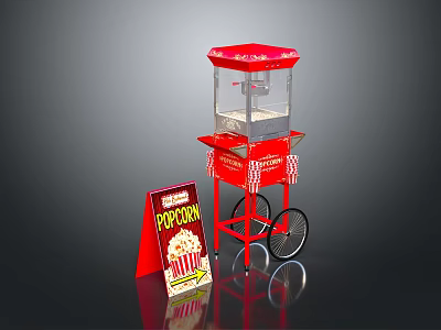 Red Popcorn Machine Cart With Wheels And Popcorn Signboard 3d model