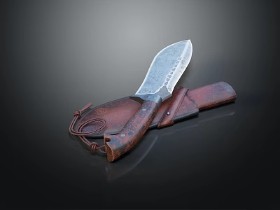 Handmade Damascus Steel Knife with Leather Wrapped Handle and Brown Leather Sheath 3d model