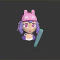 Cartoon Game Character with Pink Rabbit Ear Hat Purple Hair Red Eyes Holding Microphone Stick