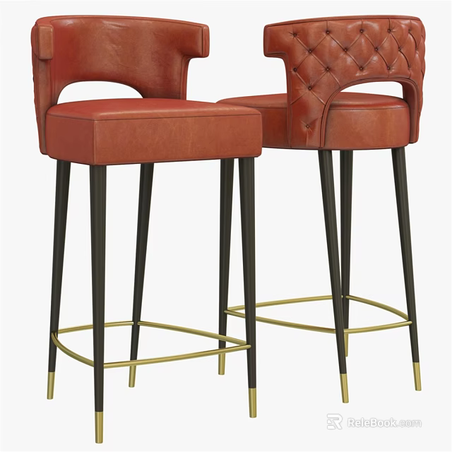 Red Leather Bar Stool with Tufted Backrest and Black Gold Metal Legs Modern Design 3d model 