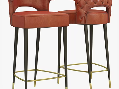 Red Leather Bar Stool with Tufted Backrest and Black Gold Metal Legs Modern Design 3d model
