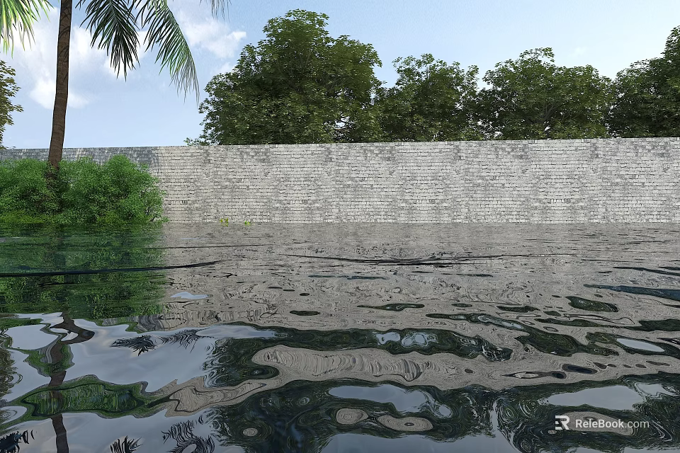 Garden Landscape Featuring Brick Wall Water Pool Reflections Palm Tree Blue Sky And White Clouds 3d model 