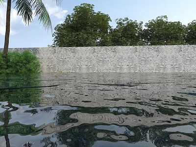 Garden Landscape Featuring Brick Wall Water Pool Reflections Palm Tree Blue Sky And White Clouds 3d model