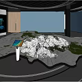 Modern Exhibition Hall Featuring Large Terrain Model Display Stands And Cityscape Screens