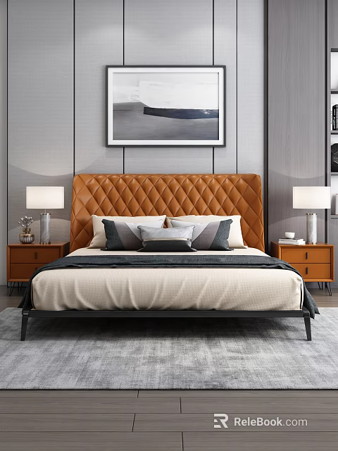 Background Double Bed With Orange Quilted Headboard Gray Wall And Nightstands 3d model