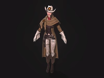 Western Style Game Movie Character Wearing Cowboy Hat Brown Cloak And Leather Boots 3d model