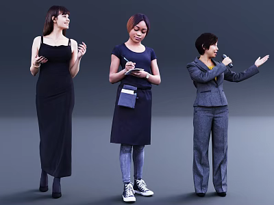 Three Women in Different Outfits Using Phone Taking Notes and Speaking with Microphone 3d model