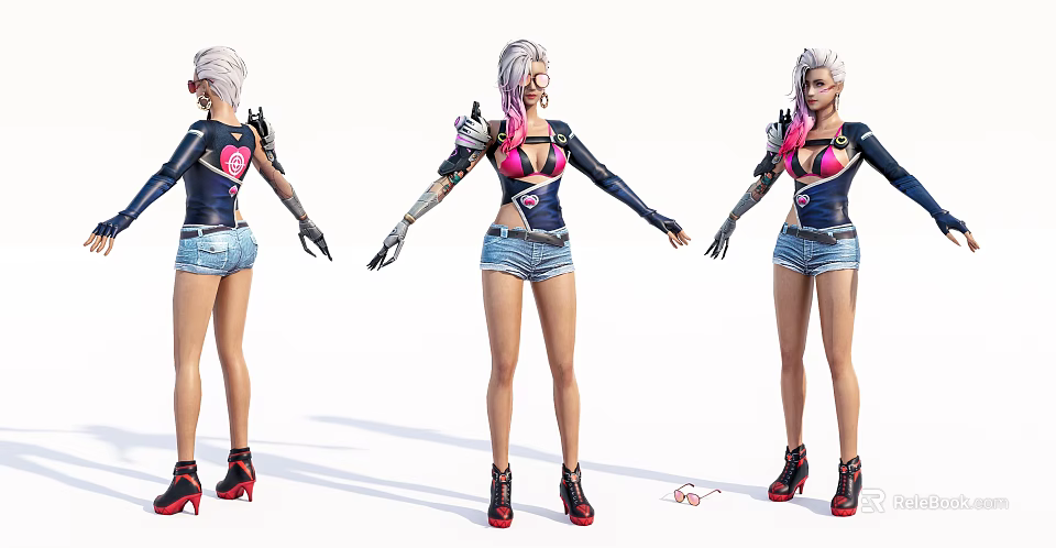 Game Movie Character Pink White Hair Black Top Blue Denim Shorts Mechanical Armor Red Heels 3d model 