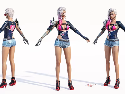 Game Movie Character Pink White Hair Black Top Blue Denim Shorts Mechanical Armor Red Heels 3d model