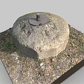Round Stone Mill Structure On Square Base With Dirt And Weeds Around 3d model