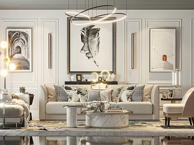 Elegant Beige Sofa With Patterned Pillows And Marble Coffee Table Set Artworks And Circular Chandelier 3d model