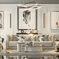 Elegant Beige Sofa With Patterned Pillows And Marble Coffee Table Set Artworks And Circular Chandelier