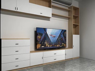 Modern TV Wall Design With White Wood Cabinets Drawers And Storage Shelves 3d model