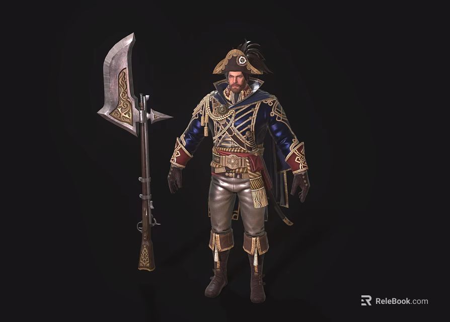 Game Movie Character In Blue Red Uniform With Axe And Gun 3d model 