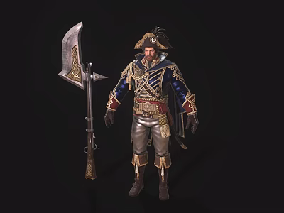 Game Movie Character In Blue Red Uniform With Axe And Gun 3d model
