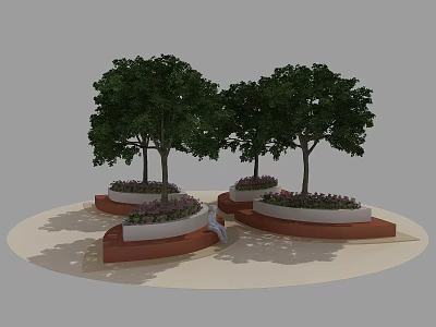 Modern Urban Tree Planter Design With Two Trees Purple Flowers Red Base And Seating 3d model