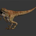 Realistic Velociraptor Dinosaur Model With Orange White Stripes Standing On Gray Background