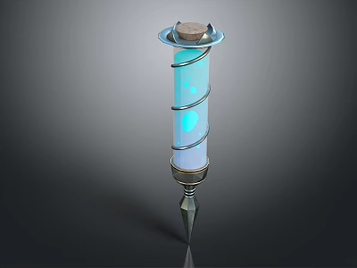Glowing Blue Spiral Decorative Object With Wooden Top And Spiked Base 3d model