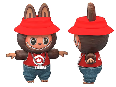 Cute Plush Doll With Red Hat Red Shirt Blue Jeans And Animal Ears Design 3d model