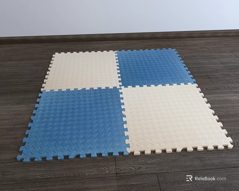 Square Carpet With Blue And Beige Interlocking Tiles On Wooden Floor 3d model 