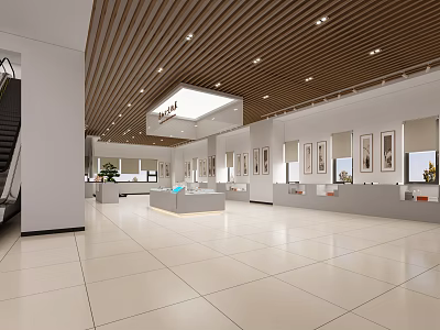 Spacious Modern Exhibition Hall Interior With Wooden Ceiling And Art Displays 3d model