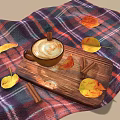 Latte Coffee On Wooden Tray Over Plaid Blanket Surrounded By Autumn Leaves And Cinnamon Sticks