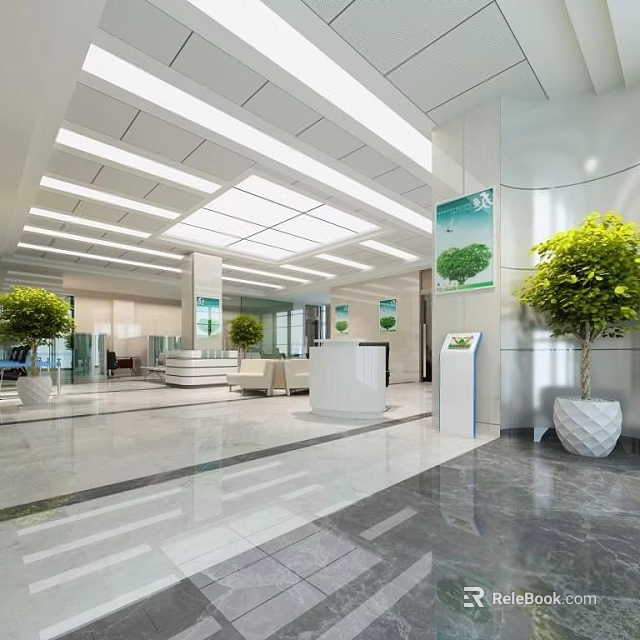 Modern Administrative Service Hall Interior With Spacious Bright Design Marble Floor And Green Plants 3d model 